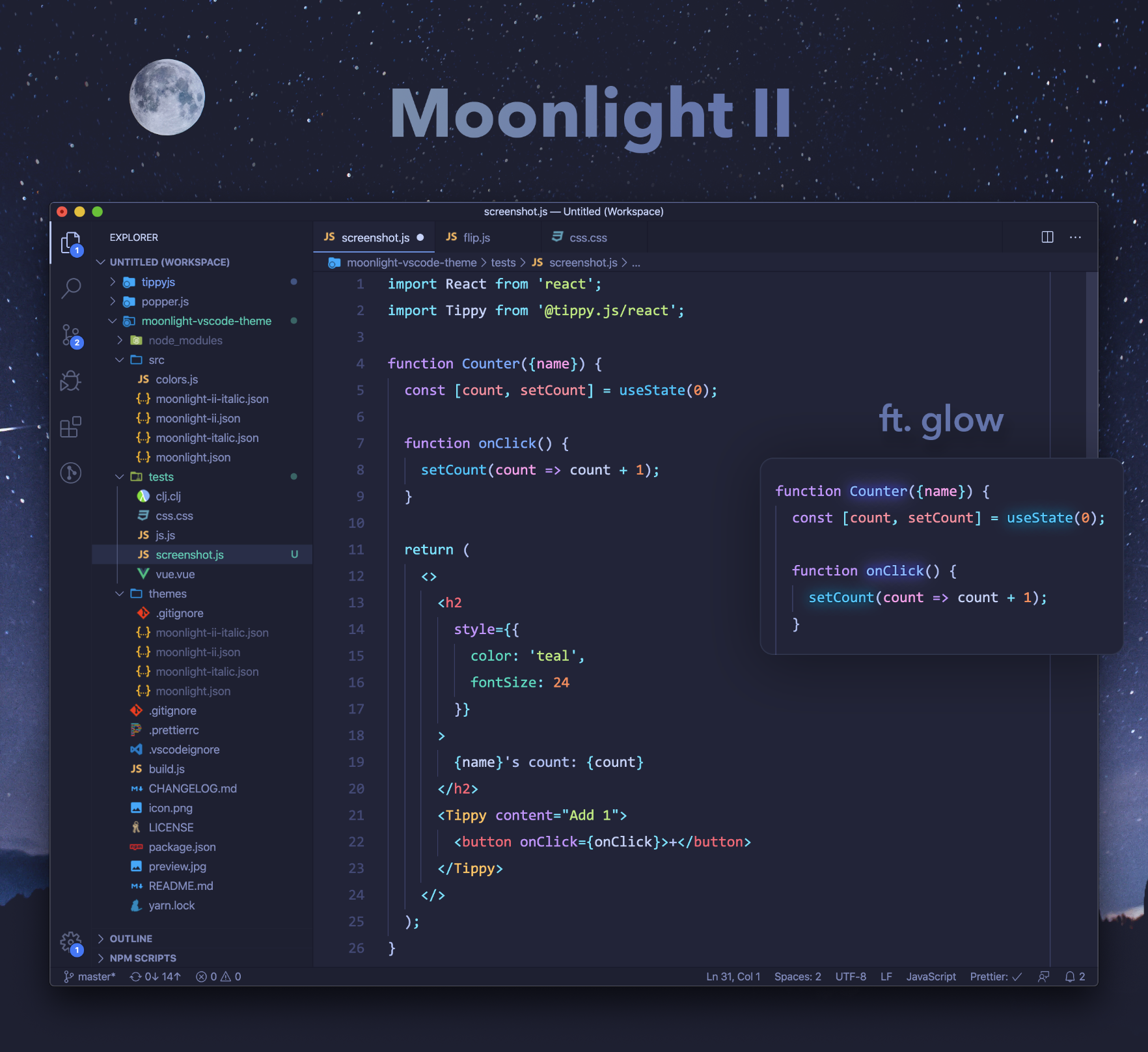 A preview of the Moonligt II theme for VSCode